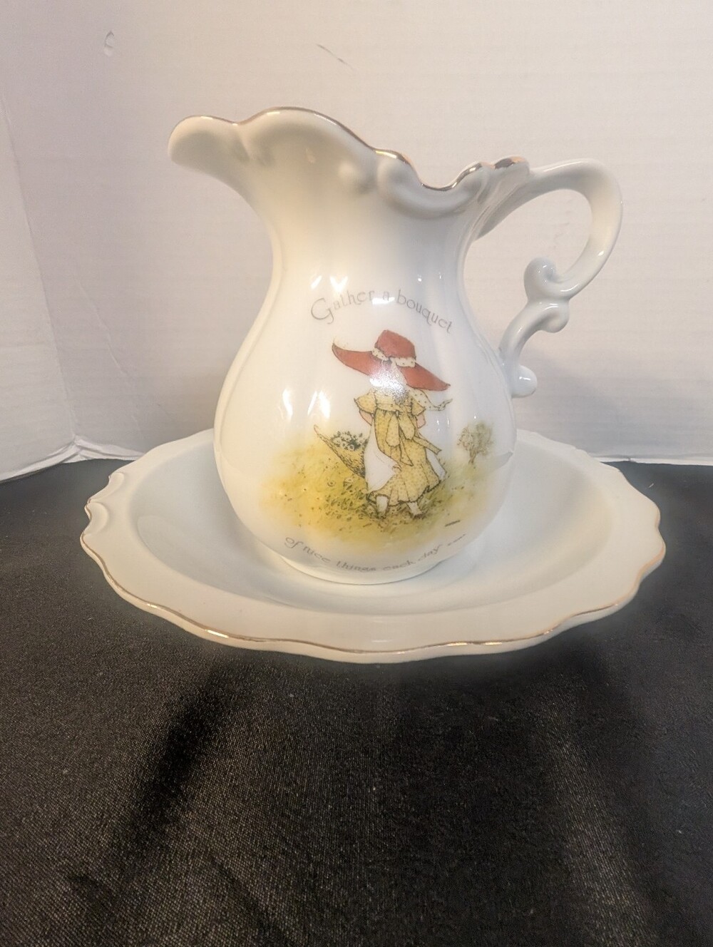 Vintage Holly Hobbie Porcelain Pitcher & Bowl Vase Set  Lot Of 2